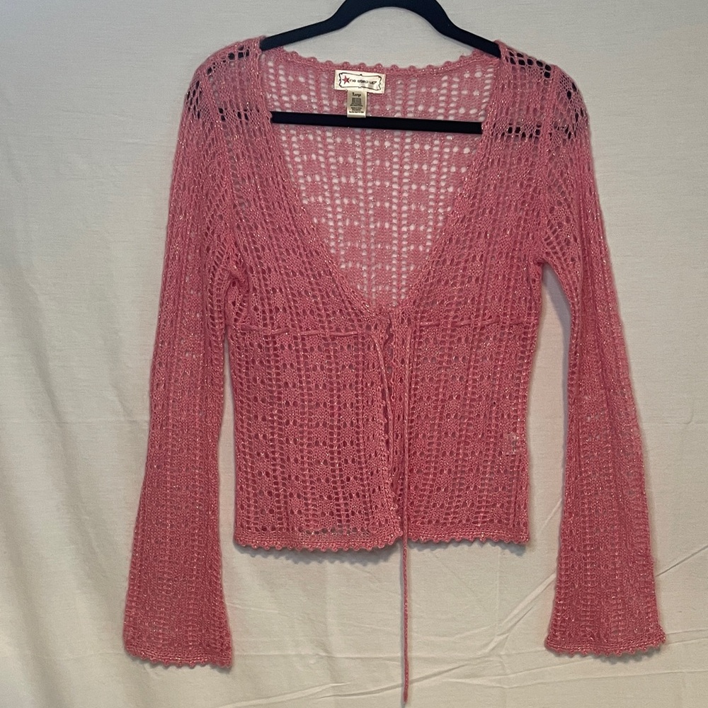 One Step Ahead V-Neck Pink and gold crochet knit cardigan Sweater size large